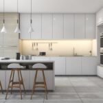 3d rendering white modern design kitchen with lamp